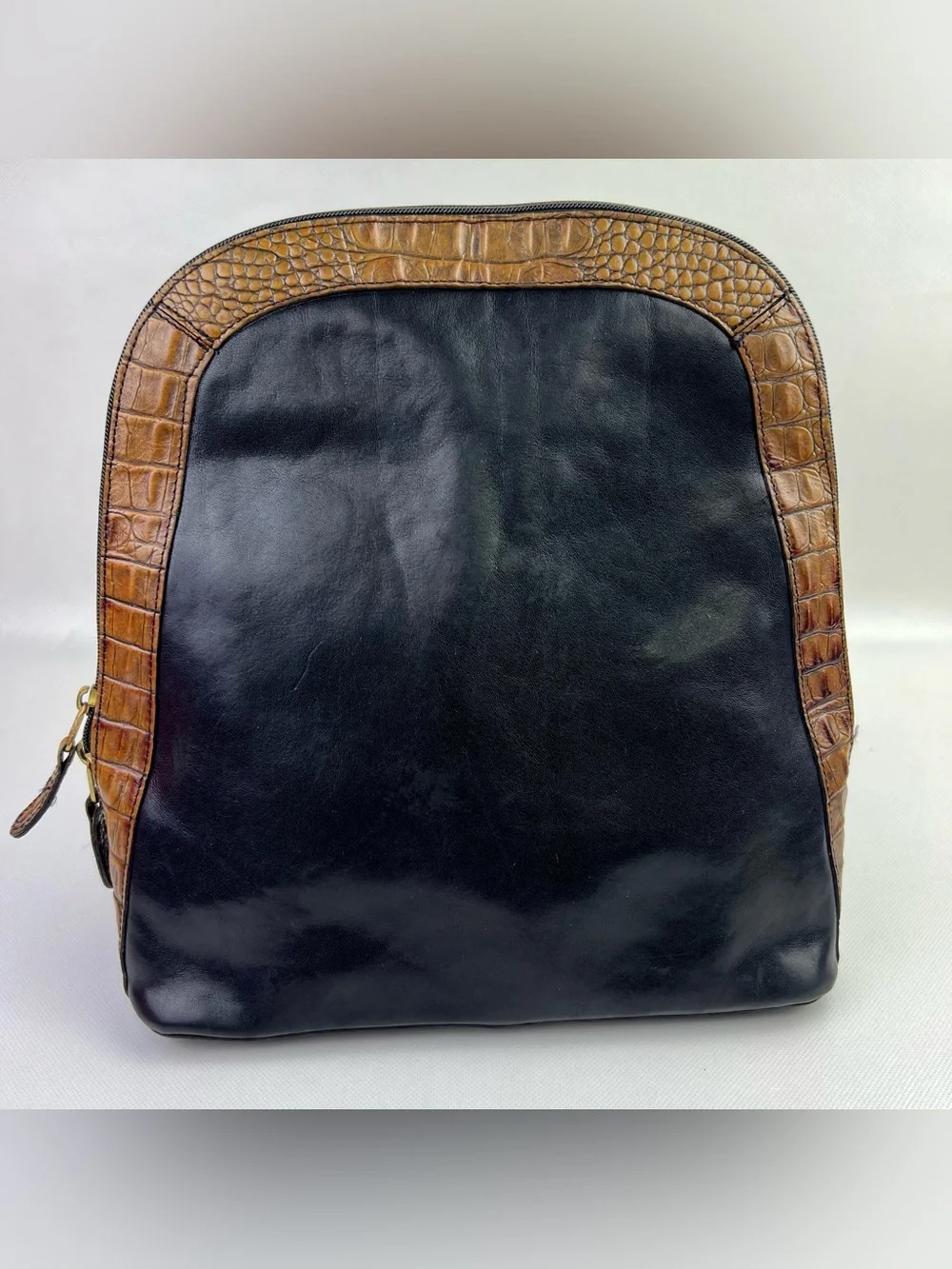 VTG Brahmin Leather Black Brown Croc Print Straps Tuscan Backpack Purse